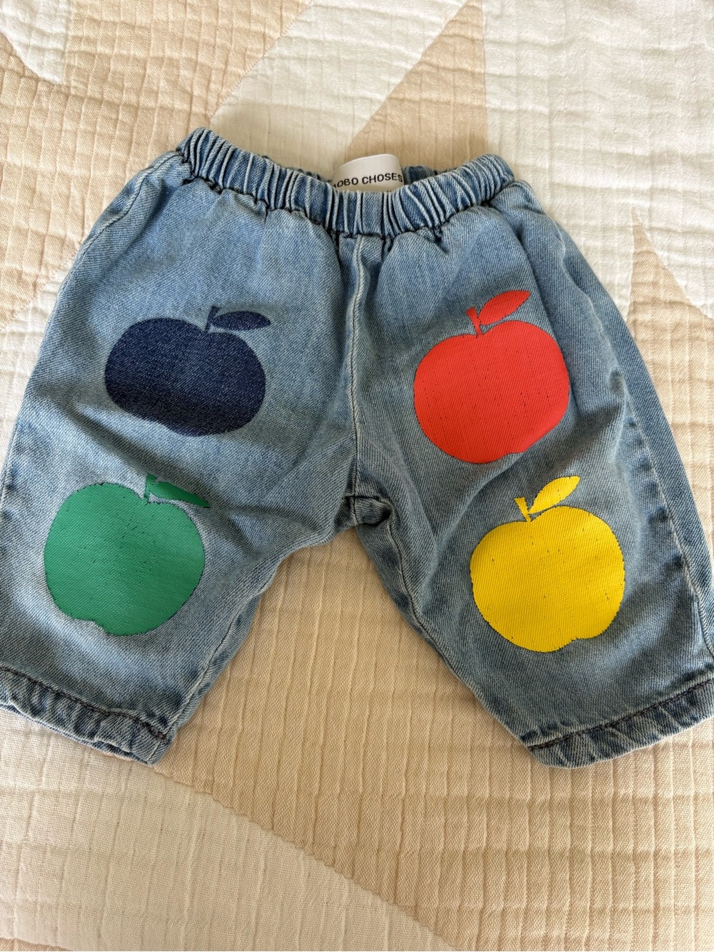 Bobo Choses Blue Denim Apple Print Bottoms